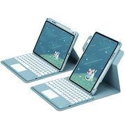 For iPad 10.2 2021 / Air 2019 Round Button 360 Degree Rotatable Bluetooth Keyboard Leather Case with Touchpad(Mist Blue)