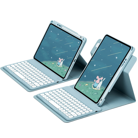 For iPad Air 2022 / iPad Pro 11 2021 Round Button 360 Degree Rotatable Bluetooth Keyboard Leather Case(Mist Blue)