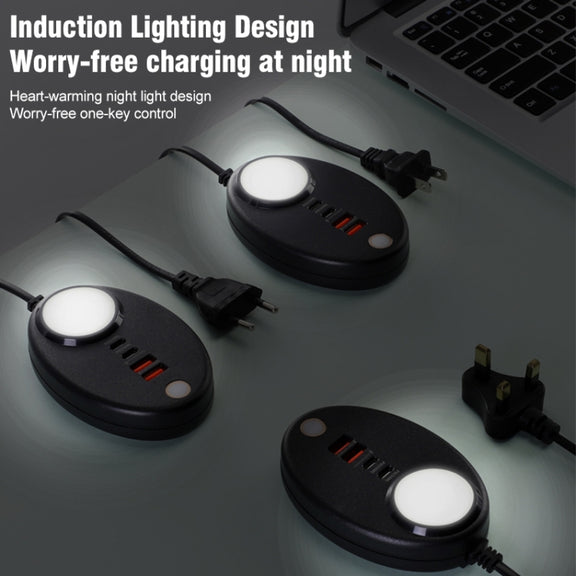 YF-106 USB- C / Type-Cx2+USBx2 Oval PD Socket Phone Charger with Light, Plug Type:EU Plug(Black)