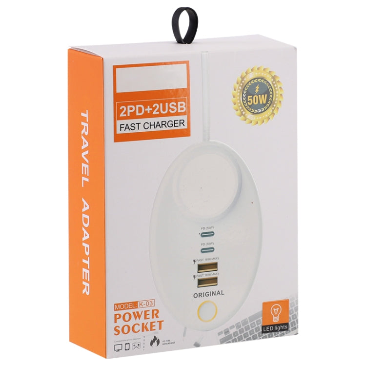 YF-106 USB- C / Type-Cx2+USBx2 Oval PD Socket Phone Charger with Light, Plug Type:EU Plug(Black)
