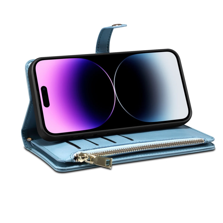 For iPhone 15 Pro Max ESEBLE Star Series Lanyard Zipper Wallet RFID Leather Case(Blue)