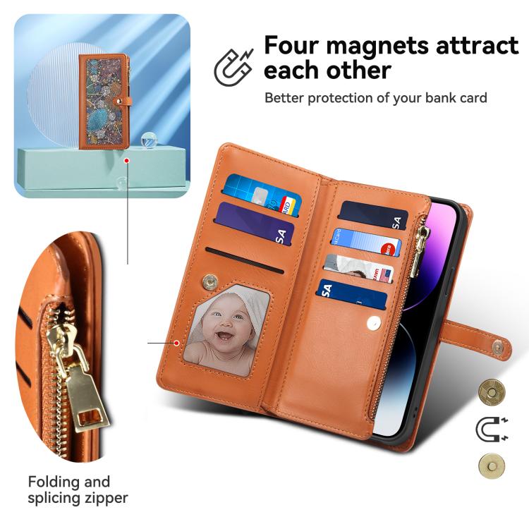 For iPhone 16e ESEBLE Star Series Lanyard Zipper Wallet RFID Leather Case(Brown)