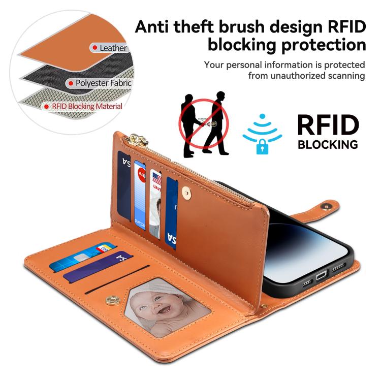 For iPhone 16e ESEBLE Star Series Lanyard Zipper Wallet RFID Leather Case(Brown)