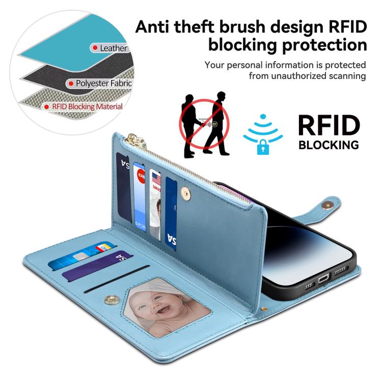 For iPhone 16e ESEBLE Star Series Lanyard Zipper Wallet RFID Leather Case(Blue)