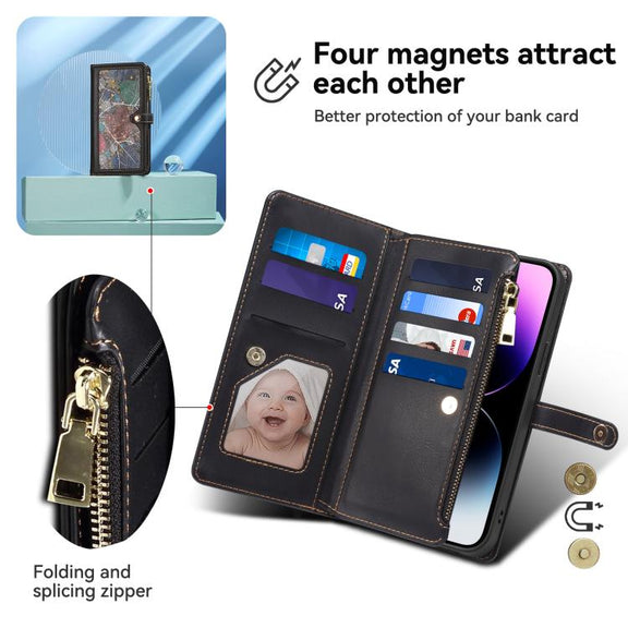 For iPhone 16e ESEBLE Star Series Lanyard Zipper Wallet RFID Leather Case(Black)