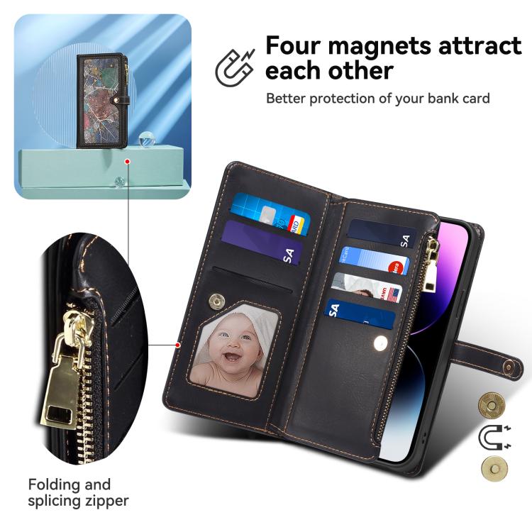 For iPhone 16e ESEBLE Star Series Lanyard Zipper Wallet RFID Leather Case(Black)