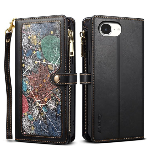 For iPhone 16e ESEBLE Star Series Lanyard Zipper Wallet RFID Leather Case(Black)