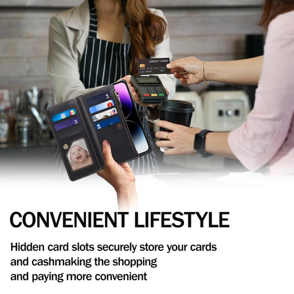 For iPhone 16e ESEBLE Star Series Lanyard Zipper Wallet RFID Leather Case(Black)