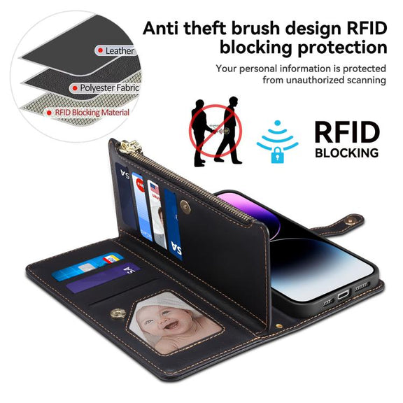 For iPhone 16e ESEBLE Star Series Lanyard Zipper Wallet RFID Leather Case(Black)