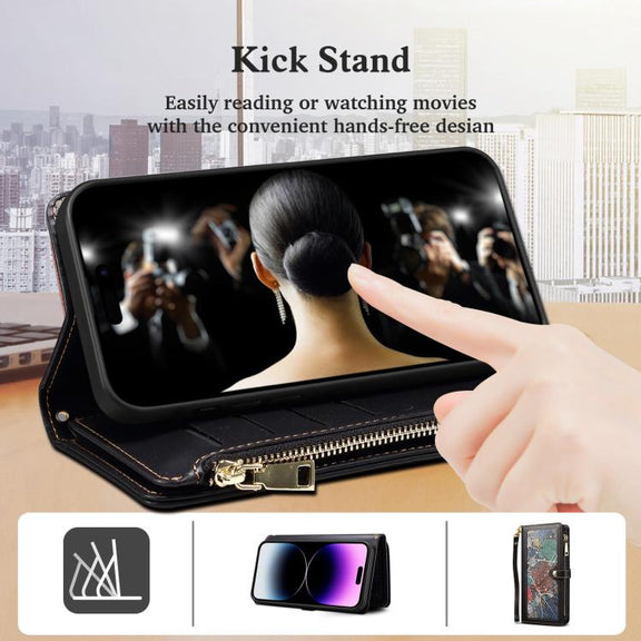 For iPhone 16e ESEBLE Star Series Lanyard Zipper Wallet RFID Leather Case(Black)
