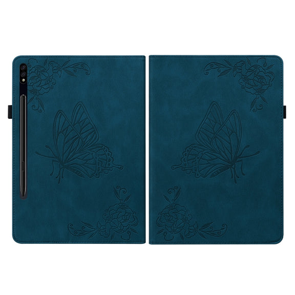 For Samsung Galaxy Tab S9 Butterfly Flower Embossed Leather Tablet Case(Blue)