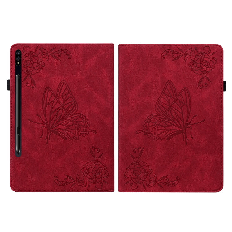 For Samsung Galaxy Tab S9 Butterfly Flower Embossed Leather Tablet Case(Red)