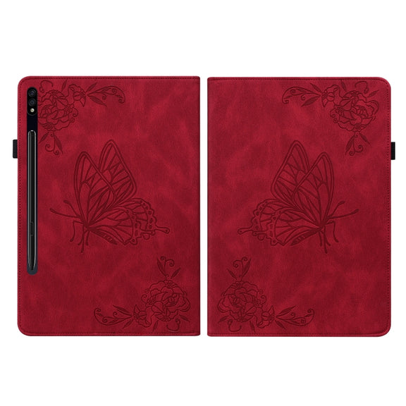 For Samsung Galaxy Tab S9 Butterfly Flower Embossed Leather Tablet Case(Red)