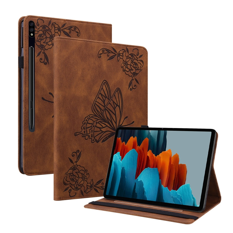 For Samsung Galaxy Tab S9 Butterfly Flower Embossed Leather Tablet Case(Brown)