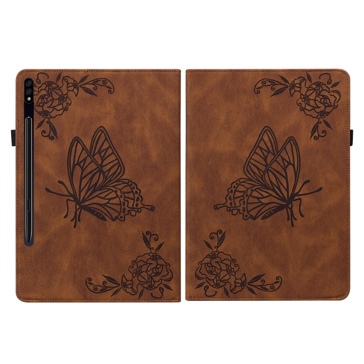 For Samsung Galaxy Tab S9 Butterfly Flower Embossed Leather Tablet Case(Brown)