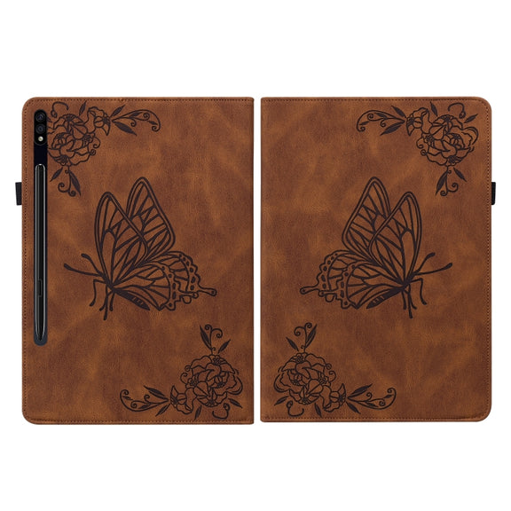 For Samsung Galaxy Tab S9 Butterfly Flower Embossed Leather Tablet Case(Brown)
