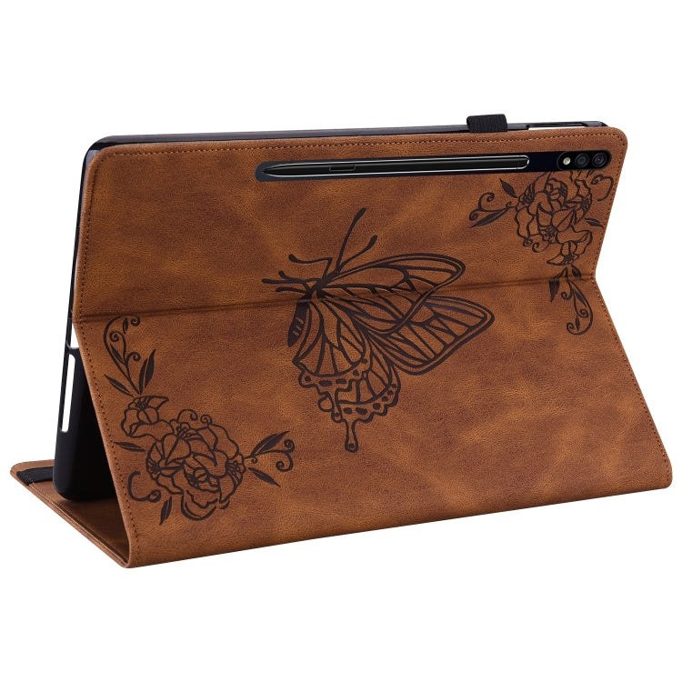 For Samsung Galaxy Tab S9 Butterfly Flower Embossed Leather Tablet Case(Brown)