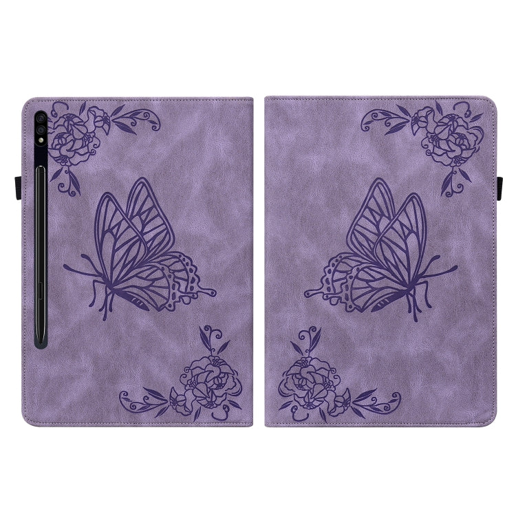 For Samsung Galaxy Tab S9 Butterfly Flower Embossed Leather Tablet Case(Purple)