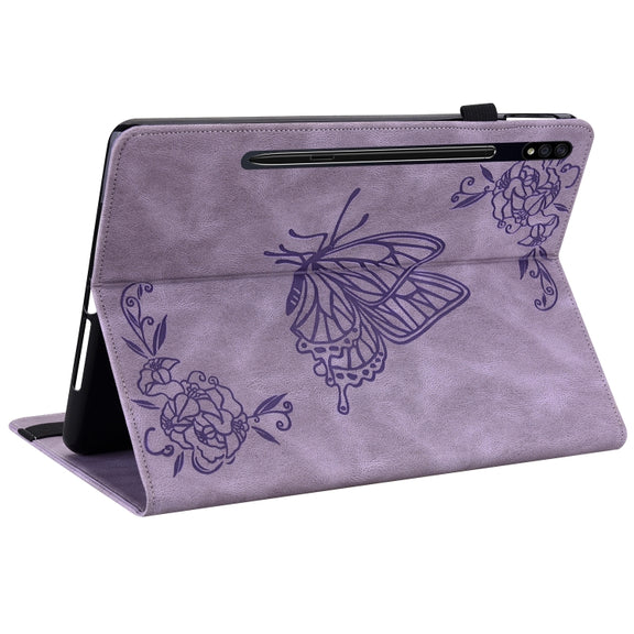 For Samsung Galaxy Tab S9 Butterfly Flower Embossed Leather Tablet Case(Purple)