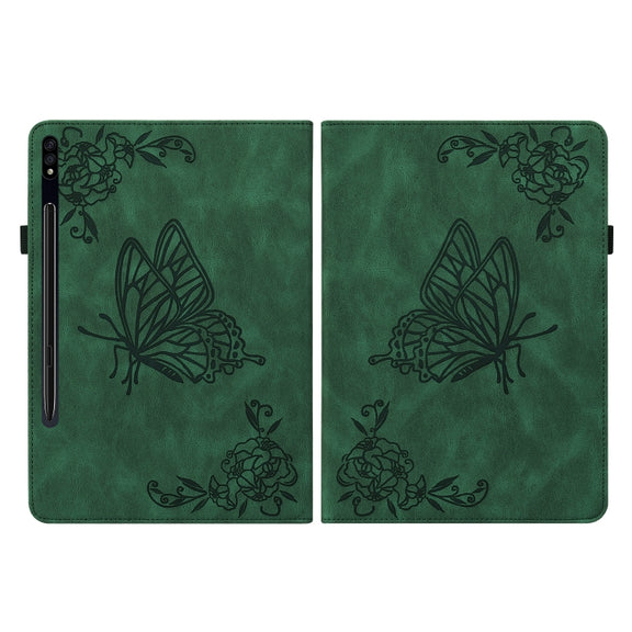 For Samsung Galaxy Tab S9+ Butterfly Flower Embossed Leather Tablet Case(Green)
