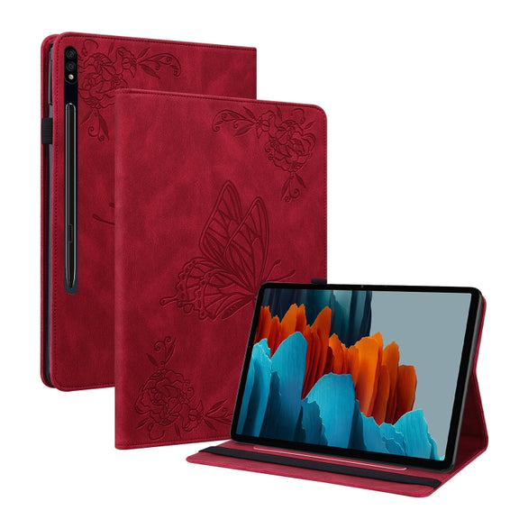 For Samsung Galaxy Tab S9+ Butterfly Flower Embossed Leather Tablet Case(Red)