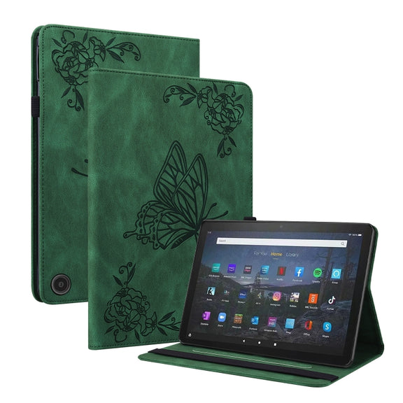 For Amazon Fire Max 11 Butterfly Flower Embossed Leather Tablet Case(Green)