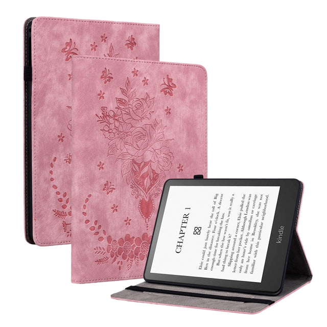 For Amazon Kindle Paperwhite 5 2024 Butterfly Rose Embossed Leather Tablet Case(Pink)