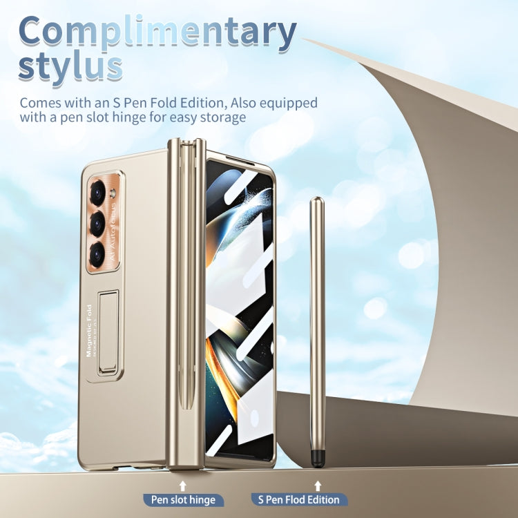 For Samsung Galaxy Z Fold5 Electroplating Corrugated Hinge Folding Phone Case with Pen Slot(Gold)