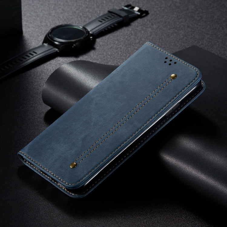 For iPhone 16 Plus Denim Texture Casual Style Horizontal Flip Leather Case(Blue)