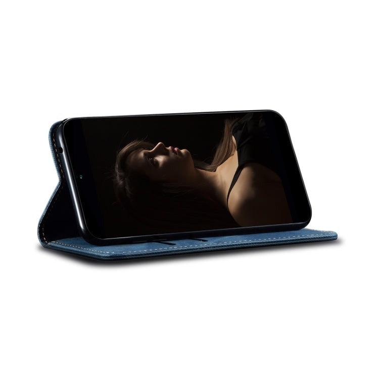 For iPhone 16 Plus Denim Texture Casual Style Horizontal Flip Leather Case(Blue)
