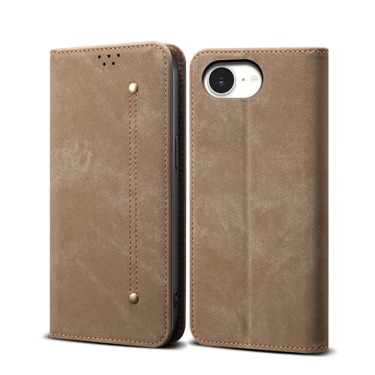 For iPhone 16e Denim Texture Casual Style Horizontal Flip Leather Case(Khaki)