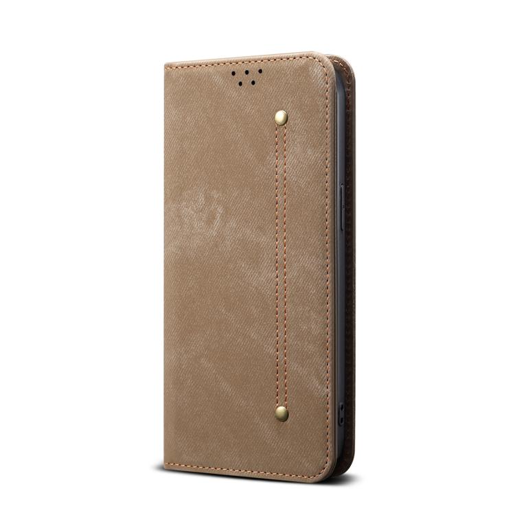 For iPhone 16e Denim Texture Casual Style Horizontal Flip Leather Case(Khaki)