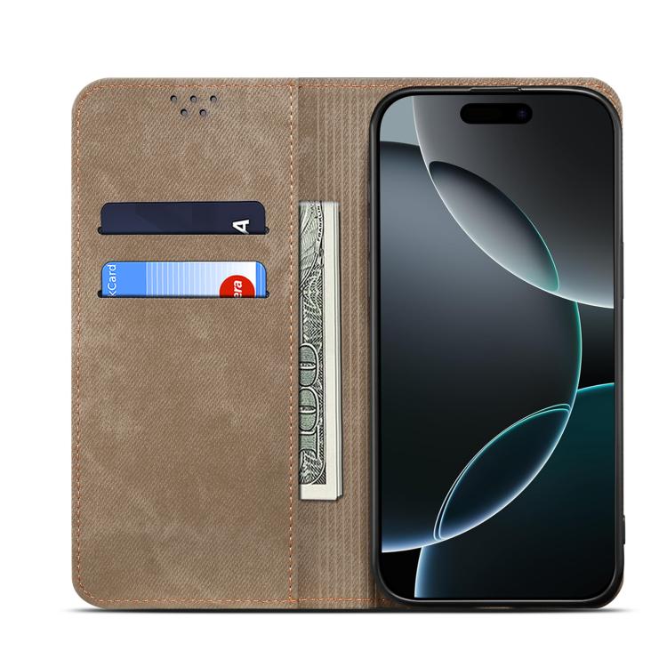 For iPhone 16e Denim Texture Casual Style Horizontal Flip Leather Case(Khaki)