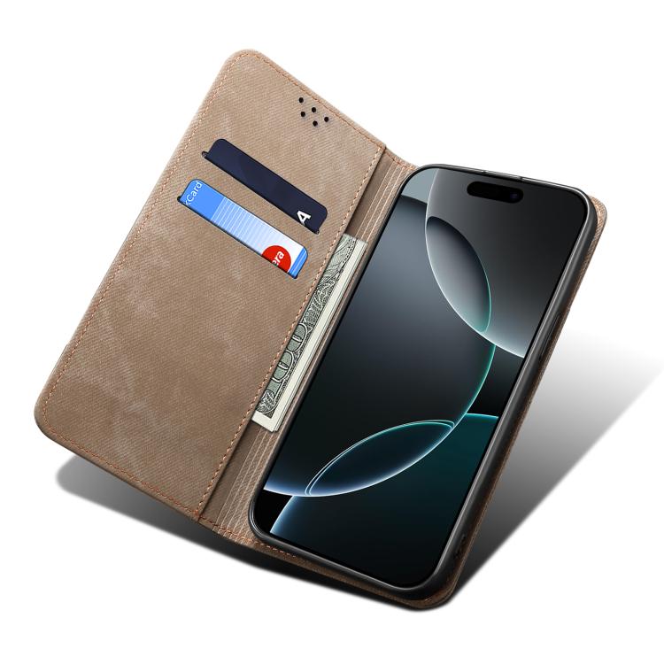 For iPhone 16e Denim Texture Casual Style Horizontal Flip Leather Case(Khaki)