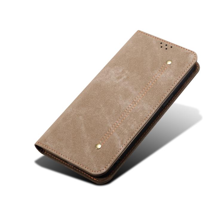 For iPhone 16e Denim Texture Casual Style Horizontal Flip Leather Case(Khaki)