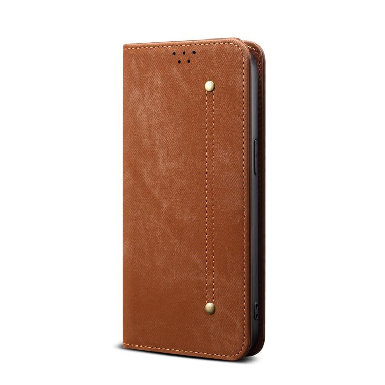For iPhone 16e Denim Texture Casual Style Horizontal Flip Leather Case(Brown)