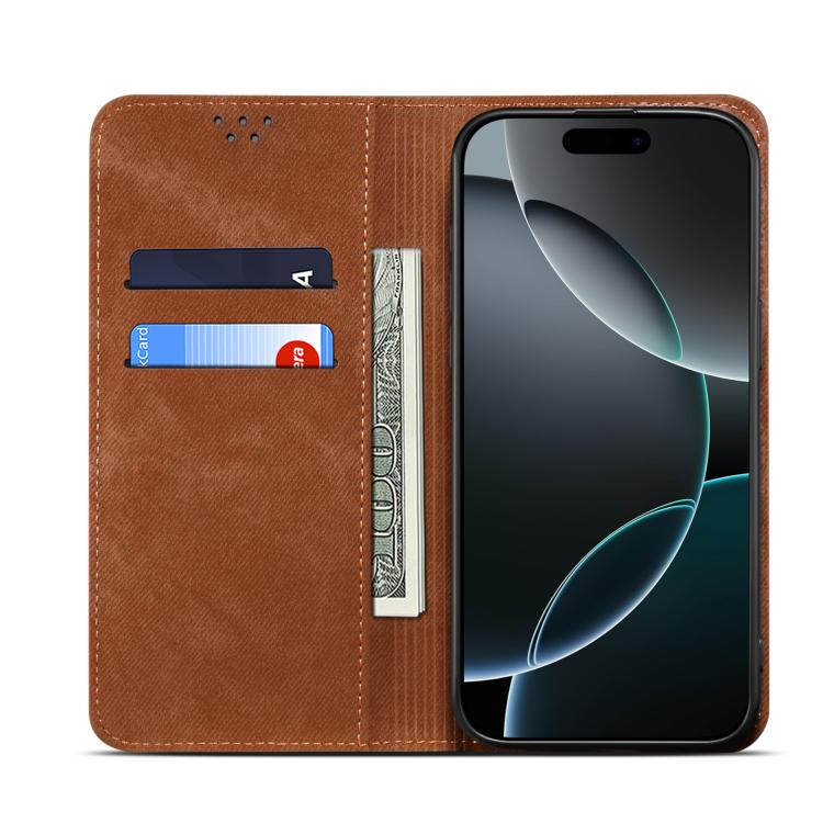 For iPhone 16e Denim Texture Casual Style Horizontal Flip Leather Case(Brown)