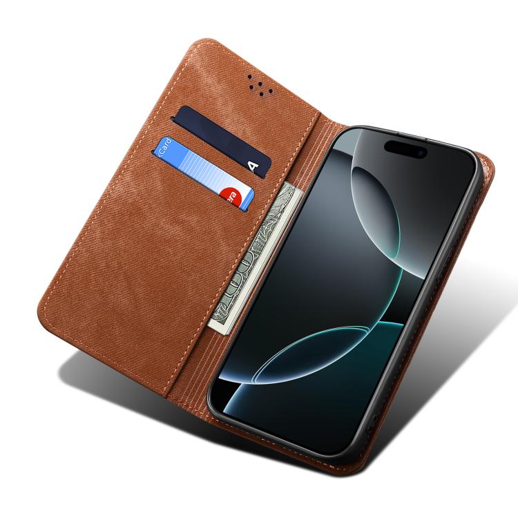 For iPhone 16e Denim Texture Casual Style Horizontal Flip Leather Case(Brown)