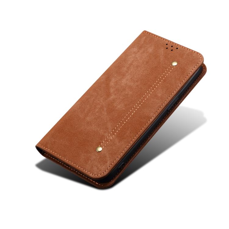 For iPhone 16e Denim Texture Casual Style Horizontal Flip Leather Case(Brown)