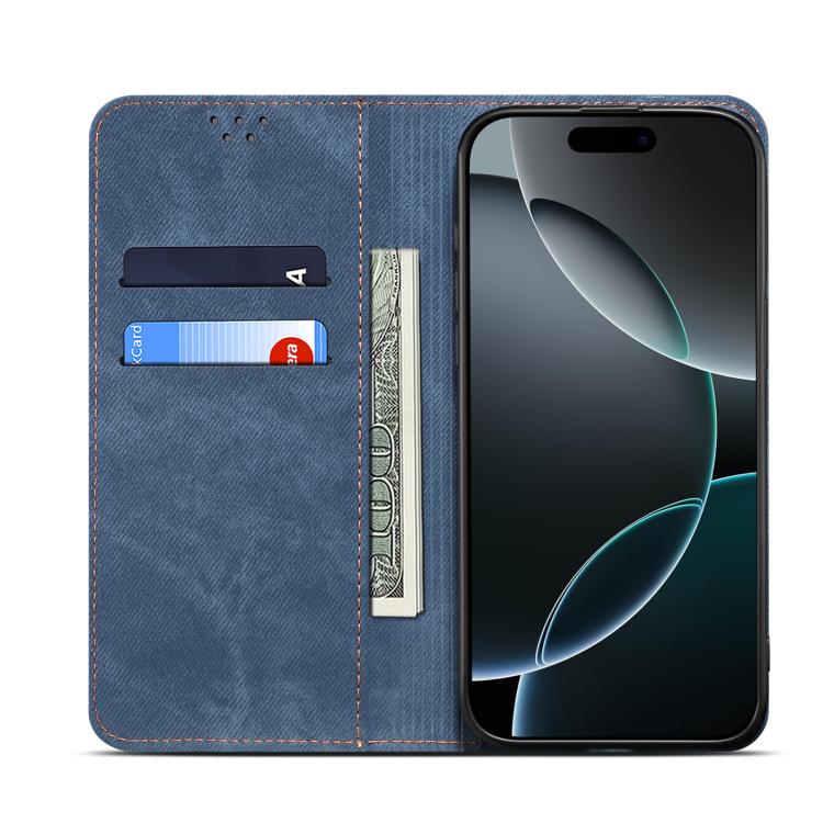 For iPhone 16e Denim Texture Casual Style Horizontal Flip Leather Case(Blue)