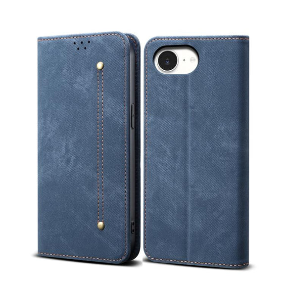 For iPhone 16e Denim Texture Casual Style Horizontal Flip Leather Case(Blue)