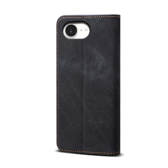 For iPhone 16e Denim Texture Casual Style Horizontal Flip Leather Case(Black)
