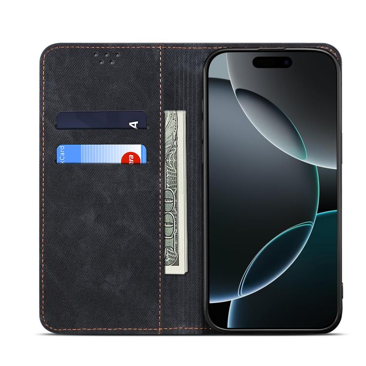 For iPhone 16e Denim Texture Casual Style Horizontal Flip Leather Case(Black)