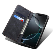 For iPhone 16e Denim Texture Casual Style Horizontal Flip Leather Case(Black)