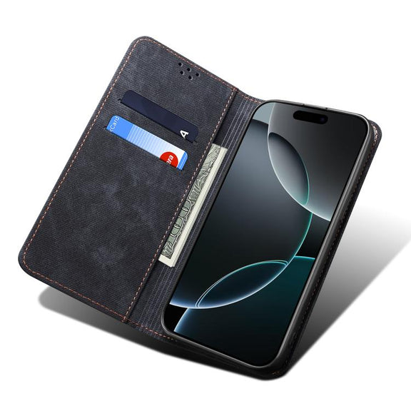For iPhone 16e Denim Texture Casual Style Horizontal Flip Leather Case(Black)