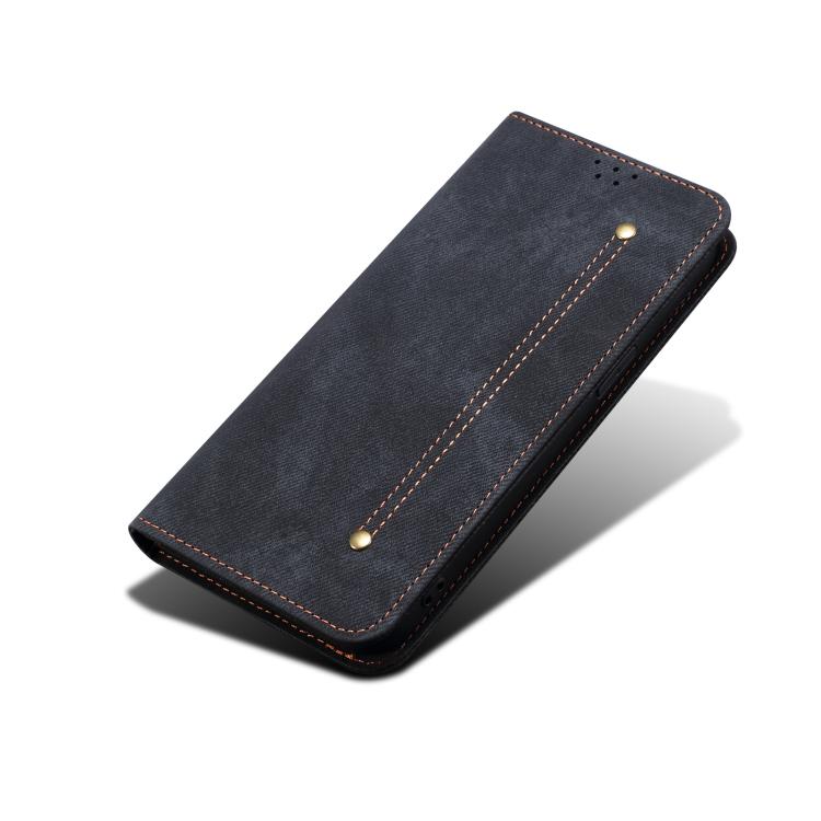 For iPhone 16e Denim Texture Casual Style Horizontal Flip Leather Case(Black)