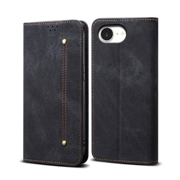 For iPhone 16e Denim Texture Casual Style Horizontal Flip Leather Case(Black)
