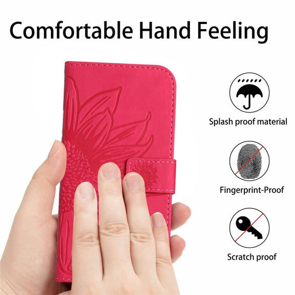For Google Pixel 9 Pro Skin Feel Sun Flower Embossed Flip Leather Phone Case with Lanyard(Rose Red)