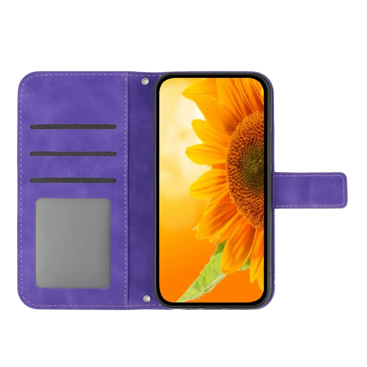 For Google Pixel 9 Pro Skin Feel Sun Flower Embossed Flip Leather Phone Case with Lanyard(Dark Purple)