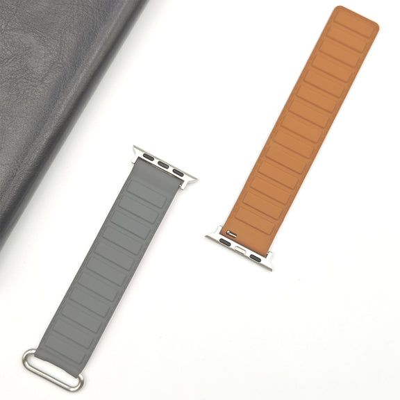 For Apple Watch Ultra 49mm Reverse Buckle Magnetic Silicone Watch Band(Silver Buckle Grey Brown)